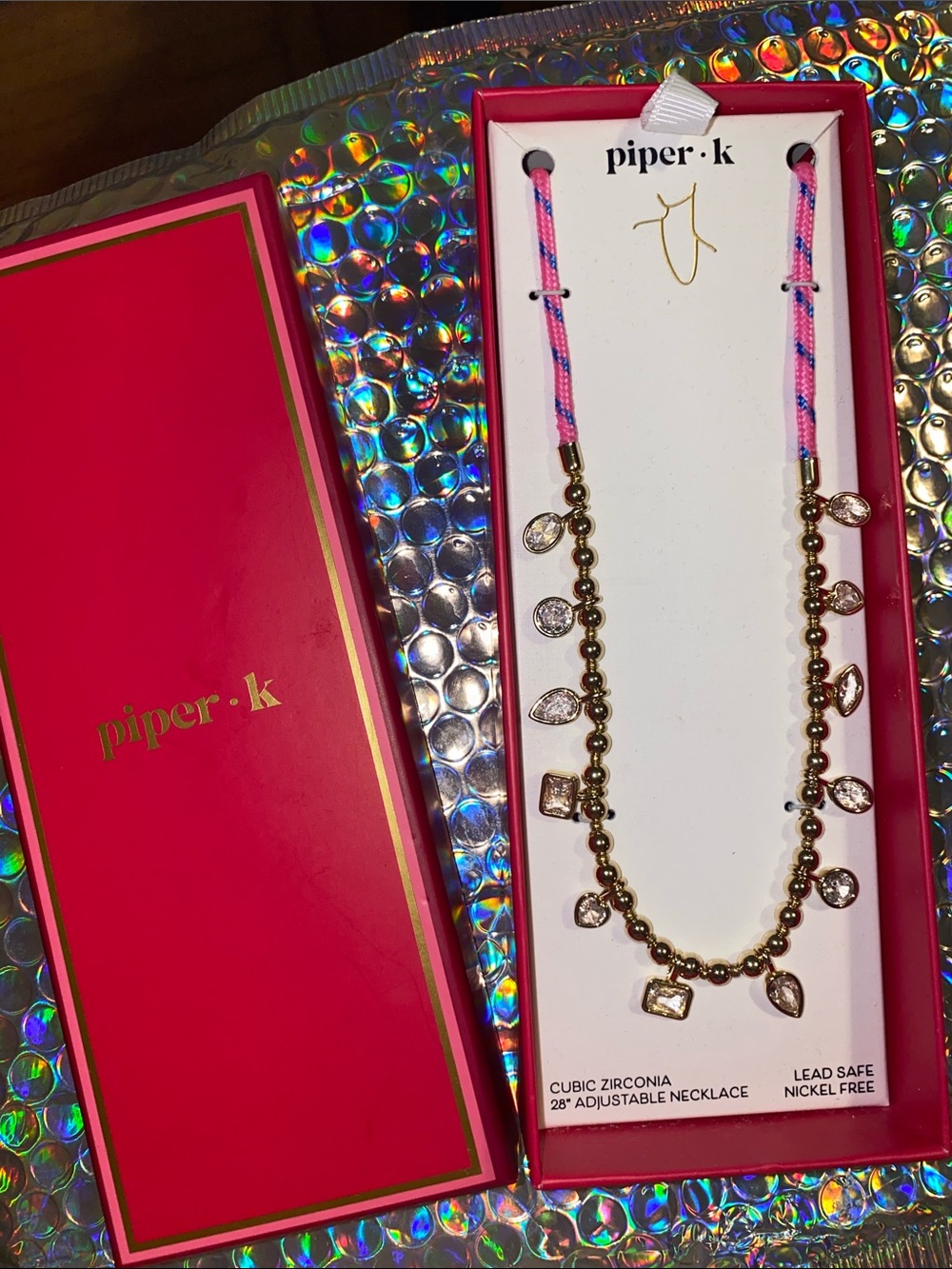 Piper k Neon Pink Necklace with Rhinestones in Gold tone adjustable length
